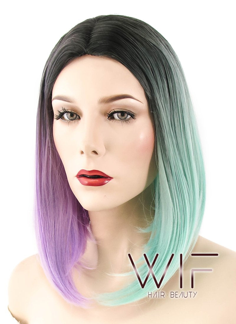 15" Straight Purple Green Split Color With Dark Roots Synthetic Wig WIG351