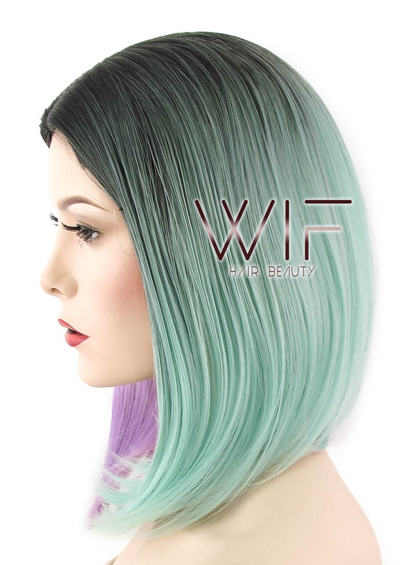 15" Straight Purple Green Split Color With Dark Roots Synthetic Wig WIG351