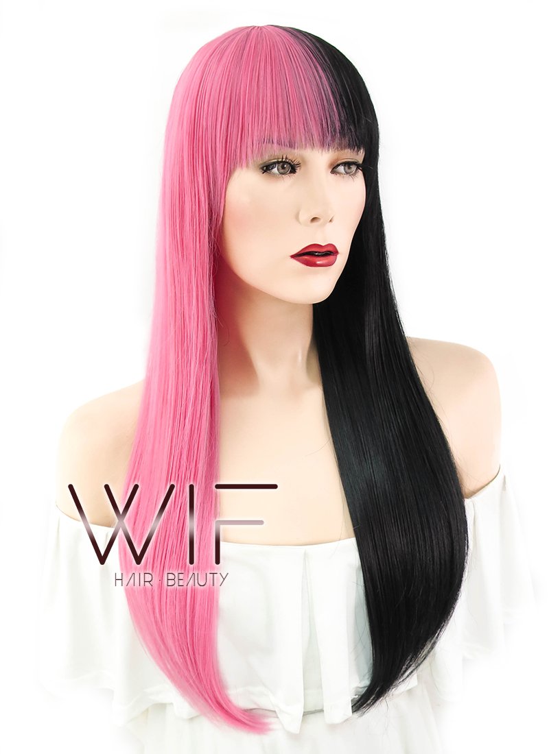 26" Straight Pink Black Split Color Synthetic Wig WIG353