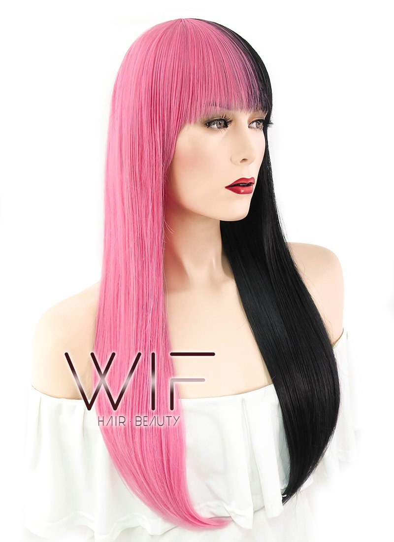 26" Straight Pink Black Split Color Synthetic Wig WIG353