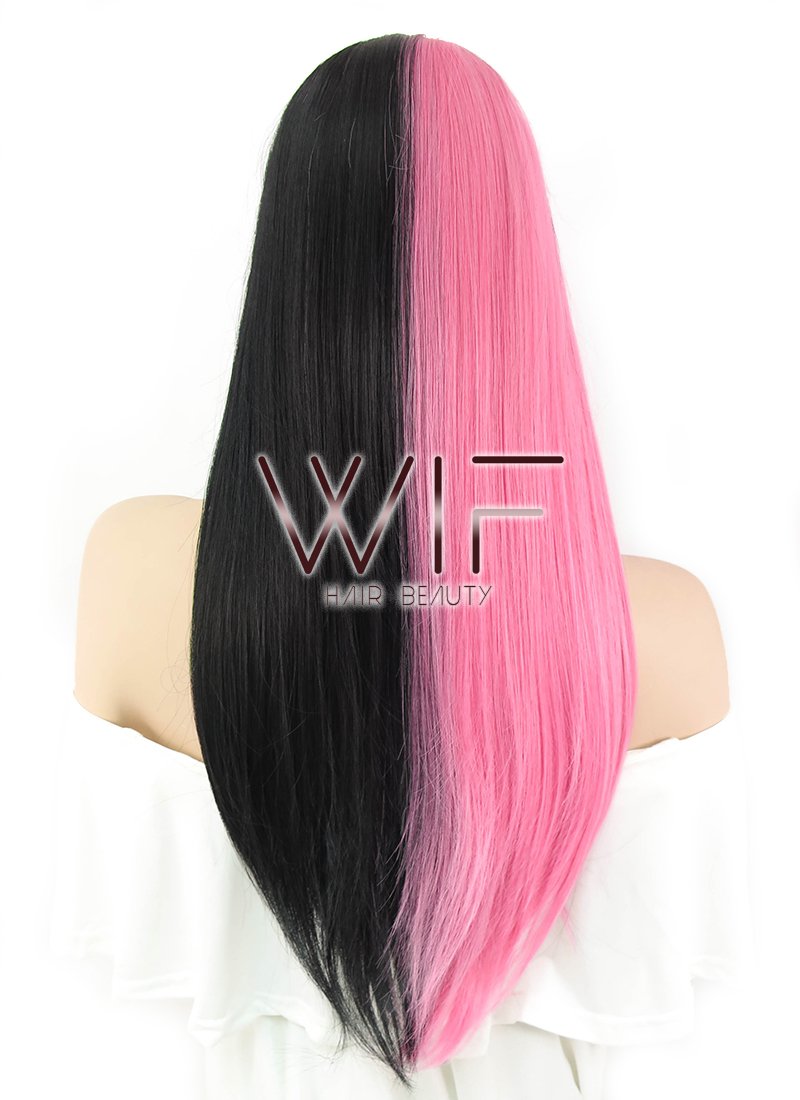 26" Straight Pink Black Split Color Synthetic Wig WIG353