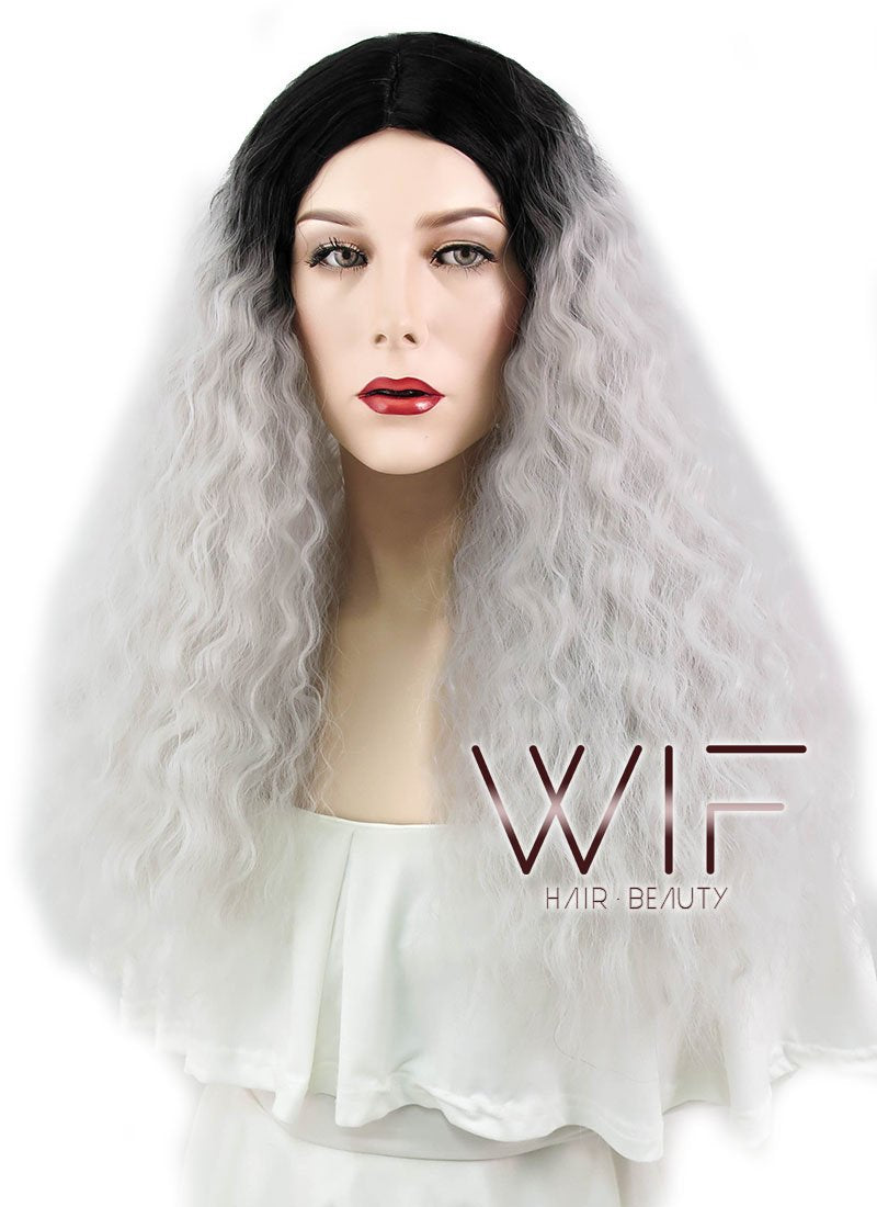 22" Wavy Silver Grey With Dark Roots Synthetic Wig WIG354