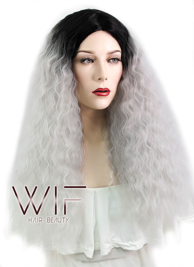 22" Wavy Silver Grey With Dark Roots Synthetic Wig WIG354