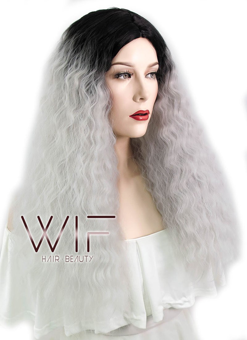 22" Wavy Silver Grey With Dark Roots Synthetic Wig WIG354