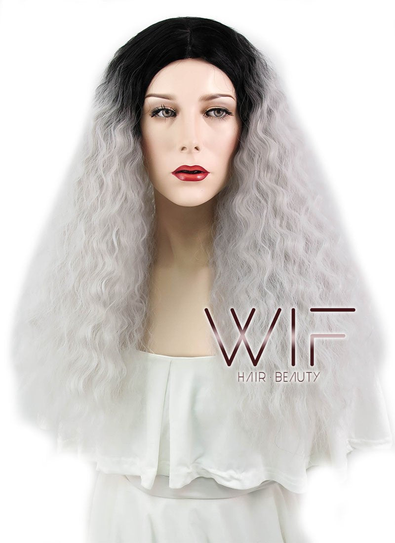22" Wavy Silver Grey With Dark Roots Synthetic Wig WIG354