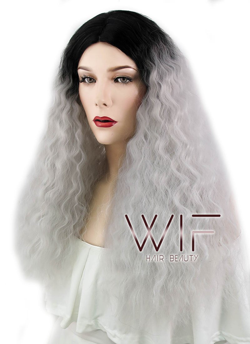 22" Wavy Silver Grey With Dark Roots Synthetic Wig WIG354