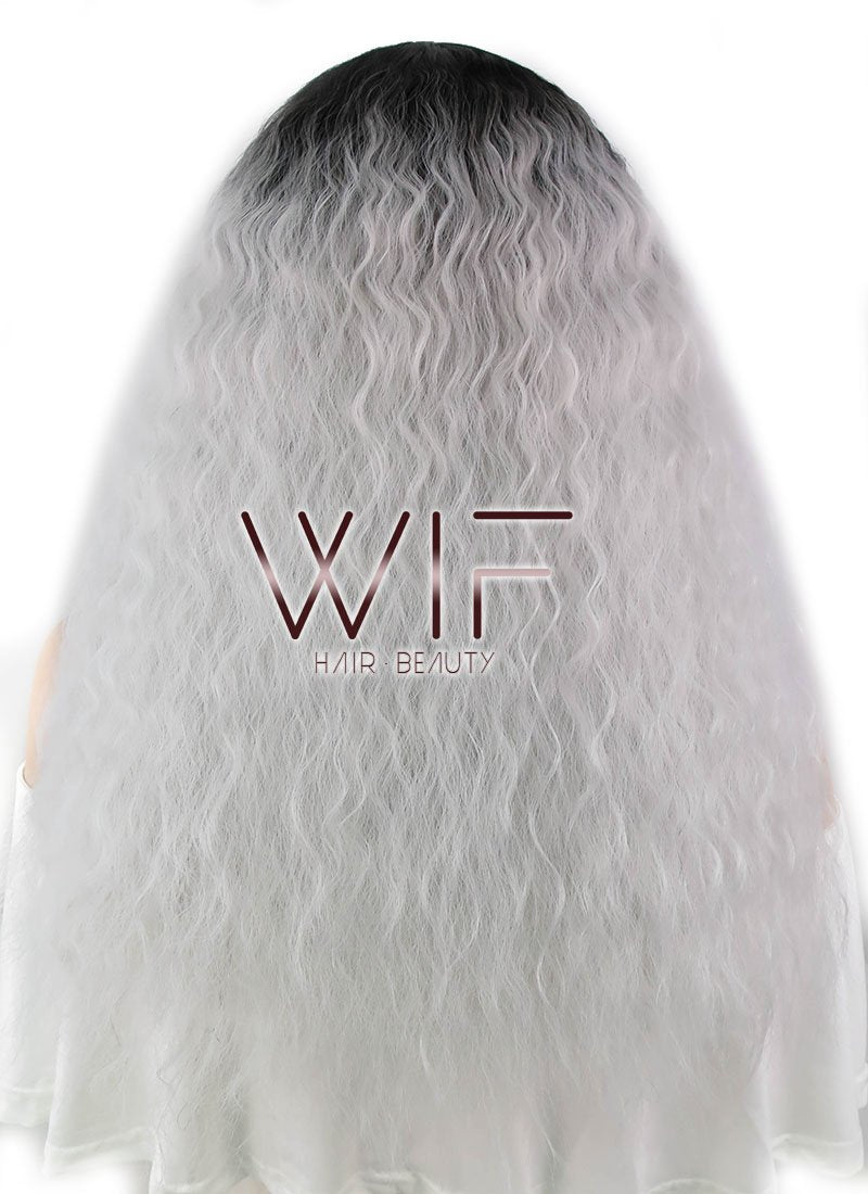 22" Wavy Silver Grey With Dark Roots Synthetic Wig WIG354