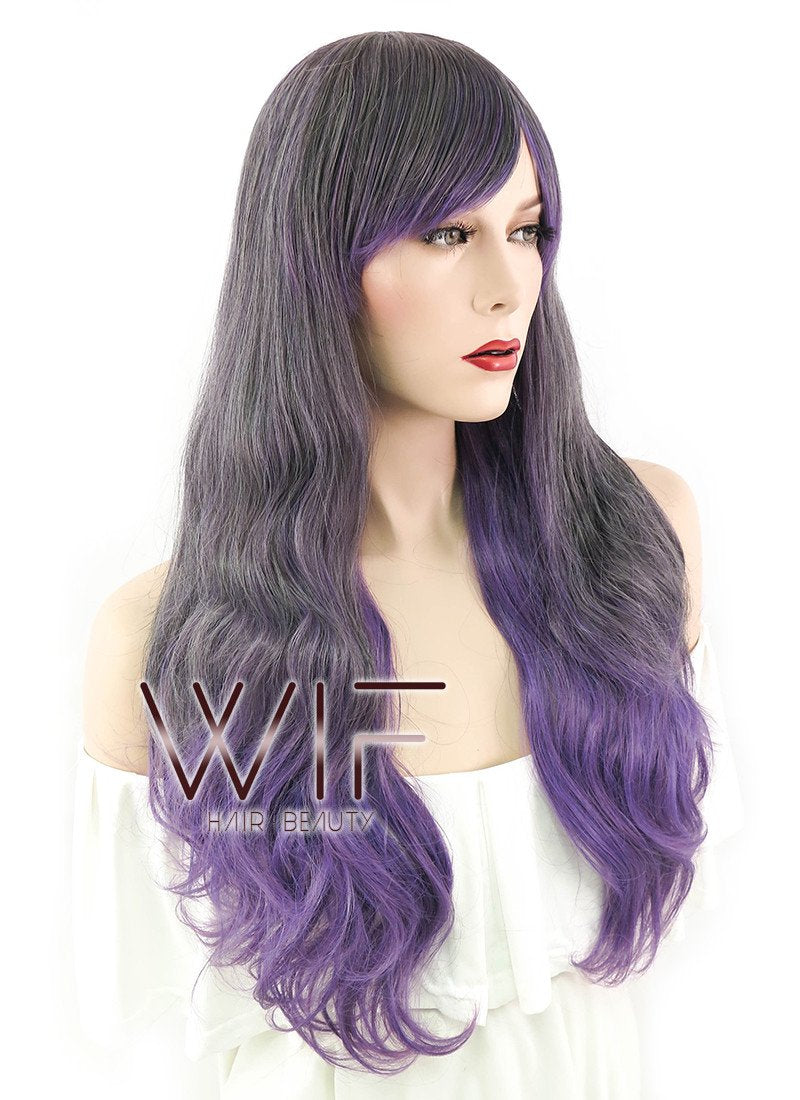 25" Wavy Dark Grey Mixed Purple Synthetic Wig ZB236