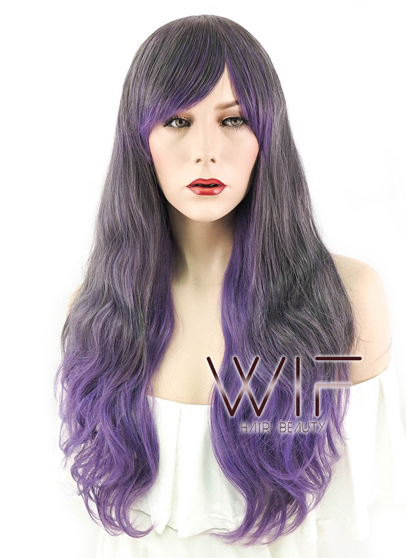 25" Wavy Dark Grey Mixed Purple Synthetic Wig ZB236